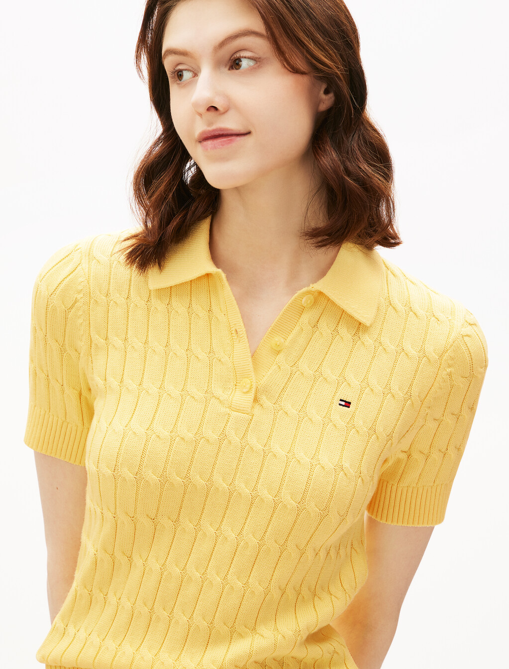Cable Knit Short Sleeve Polo, Citronella, hi-res
