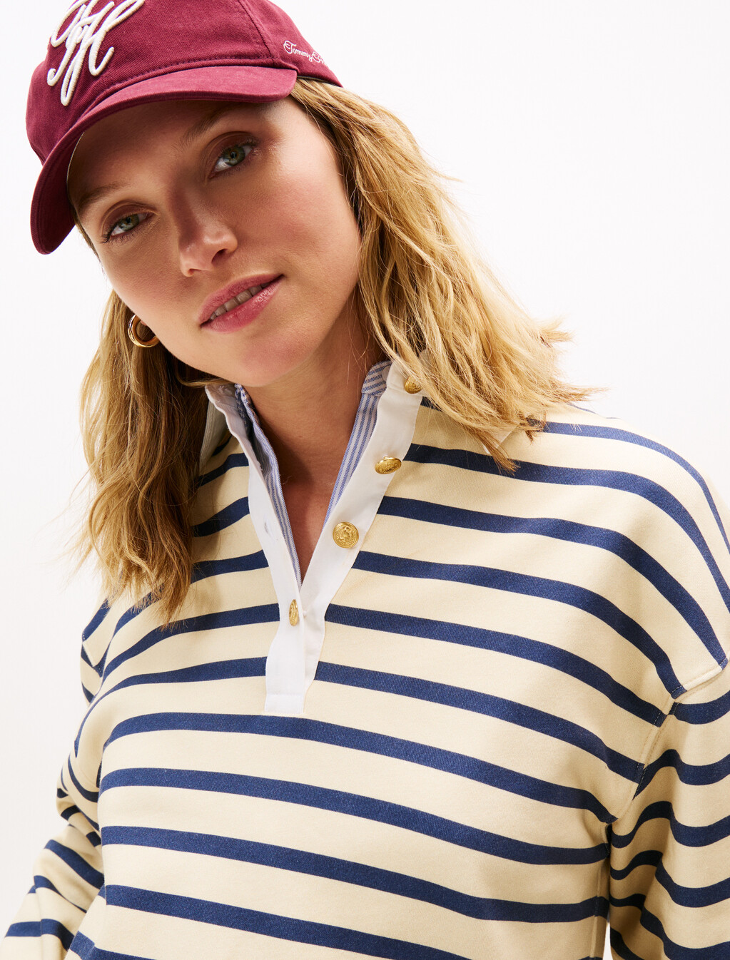 Gold-Tone Button Relaxed Rugby Sweatshirt, Country Ivory/ Dark Night Navy Stp, hi-res