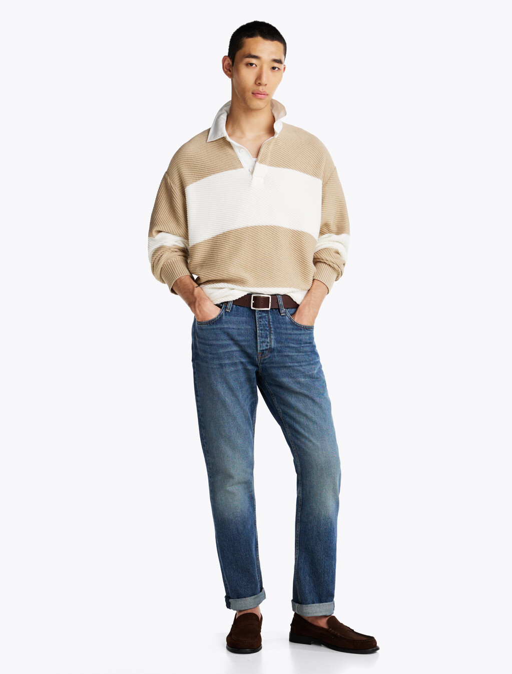 Rugby Jumper With Cashmere, Sandalwood/ Ivory Stripe, hi-res