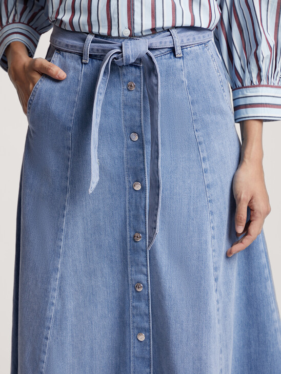 Belted Fit And Flare Denim Midi Skirt