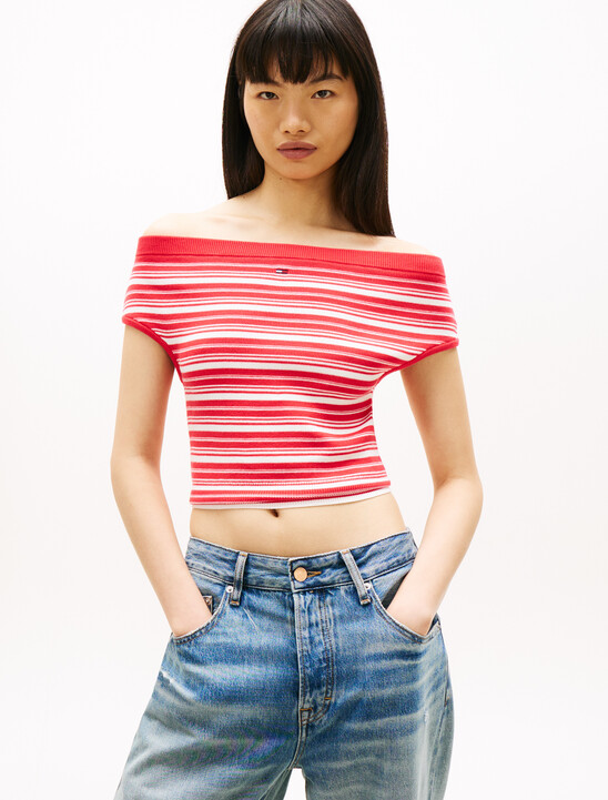 Stripe Off-The-Shoulder Slim Jumper