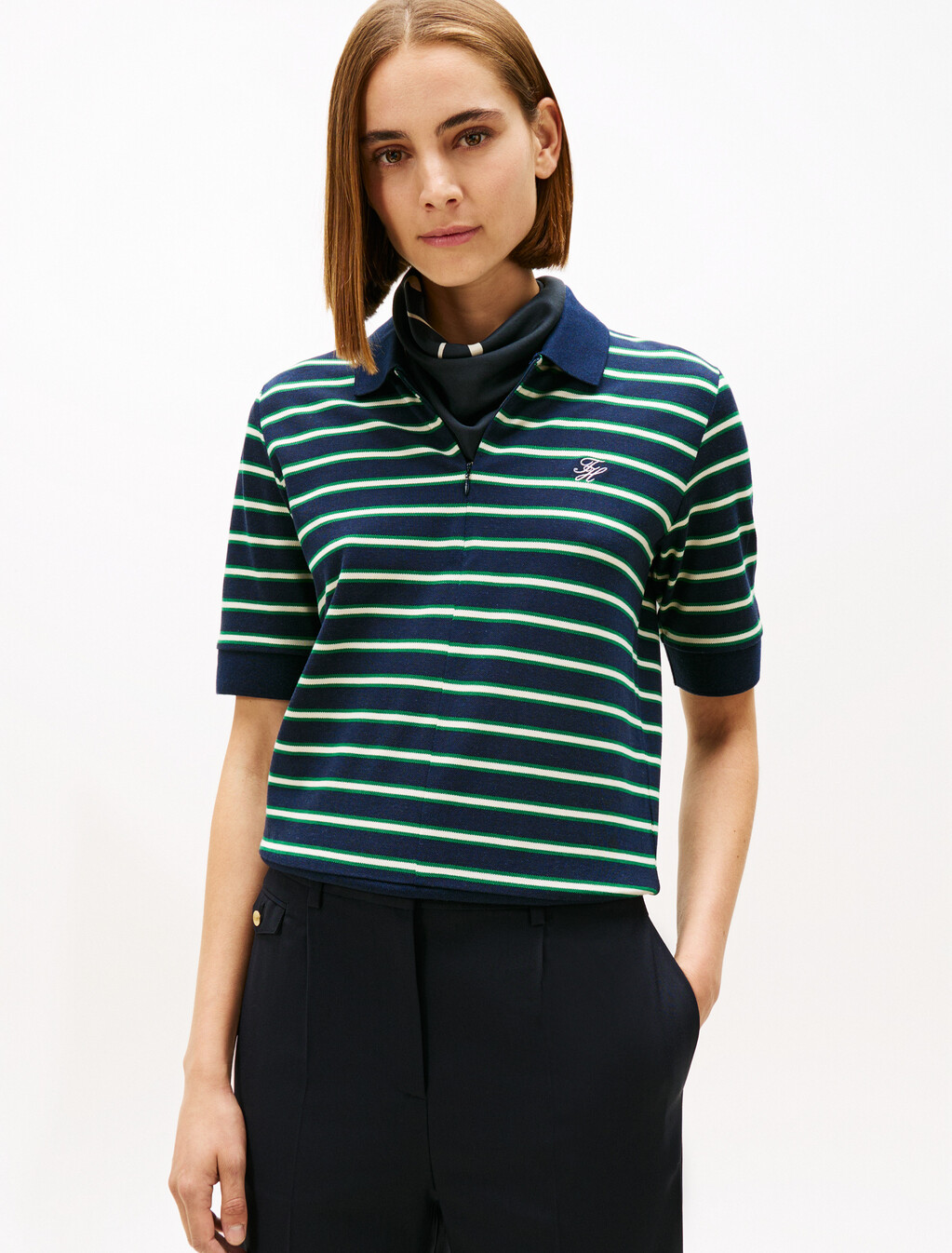 Regular Fit Pique Zip Polo Shirt, Navy/Nouv Green/Calico Multi Stp, hi-res