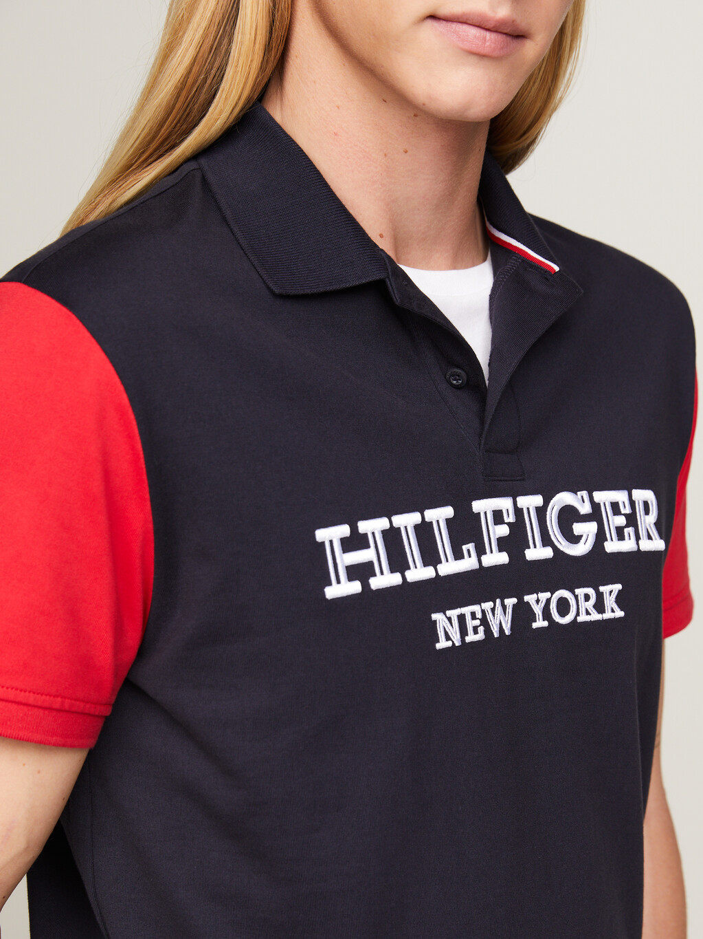 Hilfiger Monotype Colour-Blocked Regular Fit Polo, Primary Red / Desert Sky, hi-res