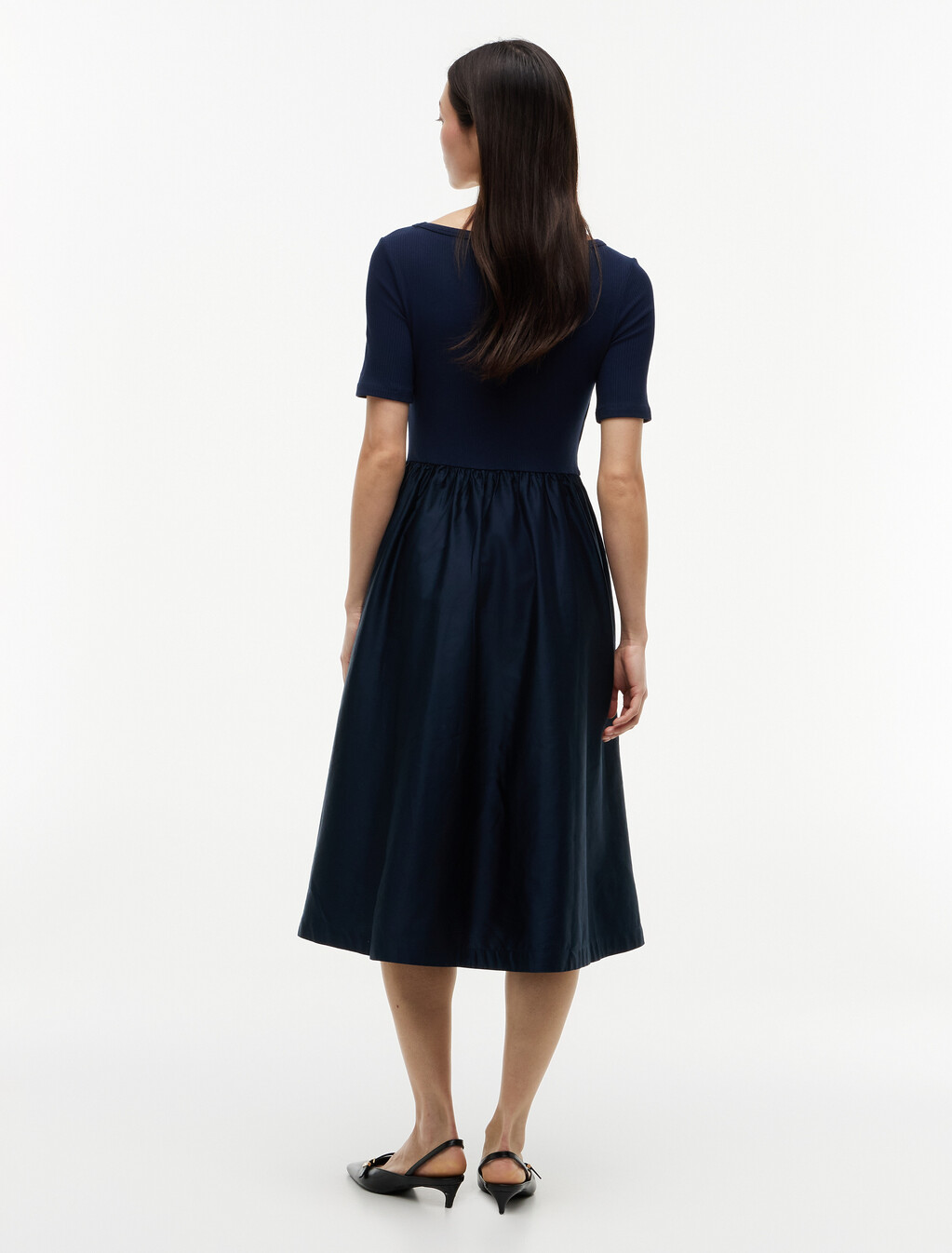 Gold-Tone Button Ribbed Midi Flare Dress, Dark Night Navy, hi-res