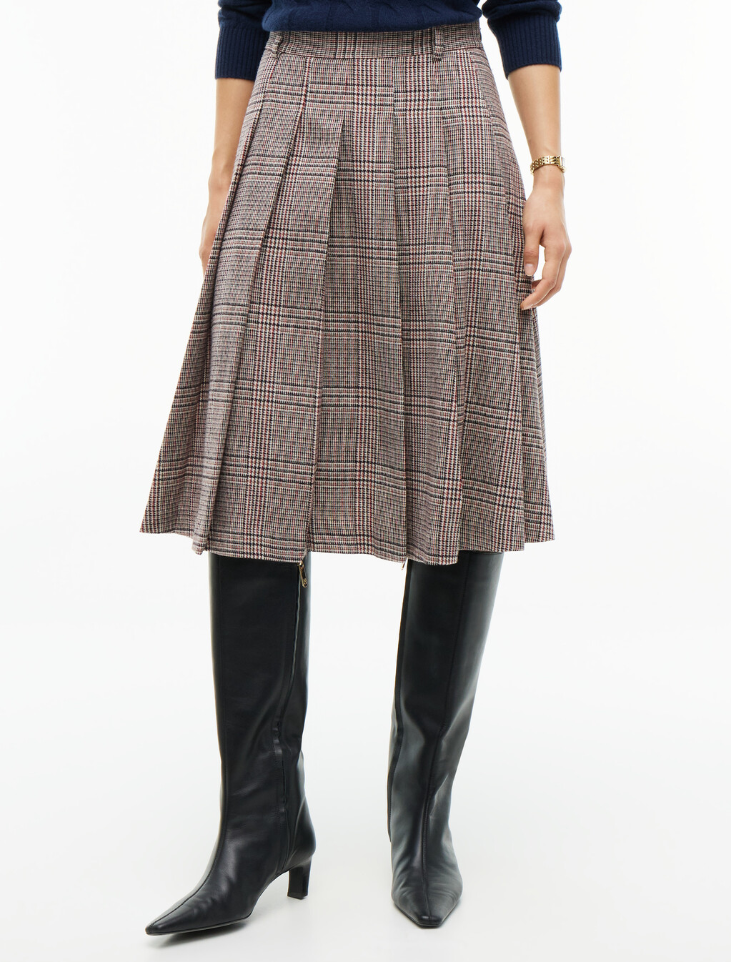 Textured Wool Blend Check Pleated Skirt, Red Check, hi-res