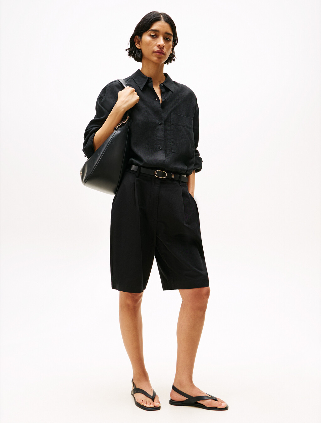 Wide Leg Bermuda Shorts With Linen, Black, hi-res