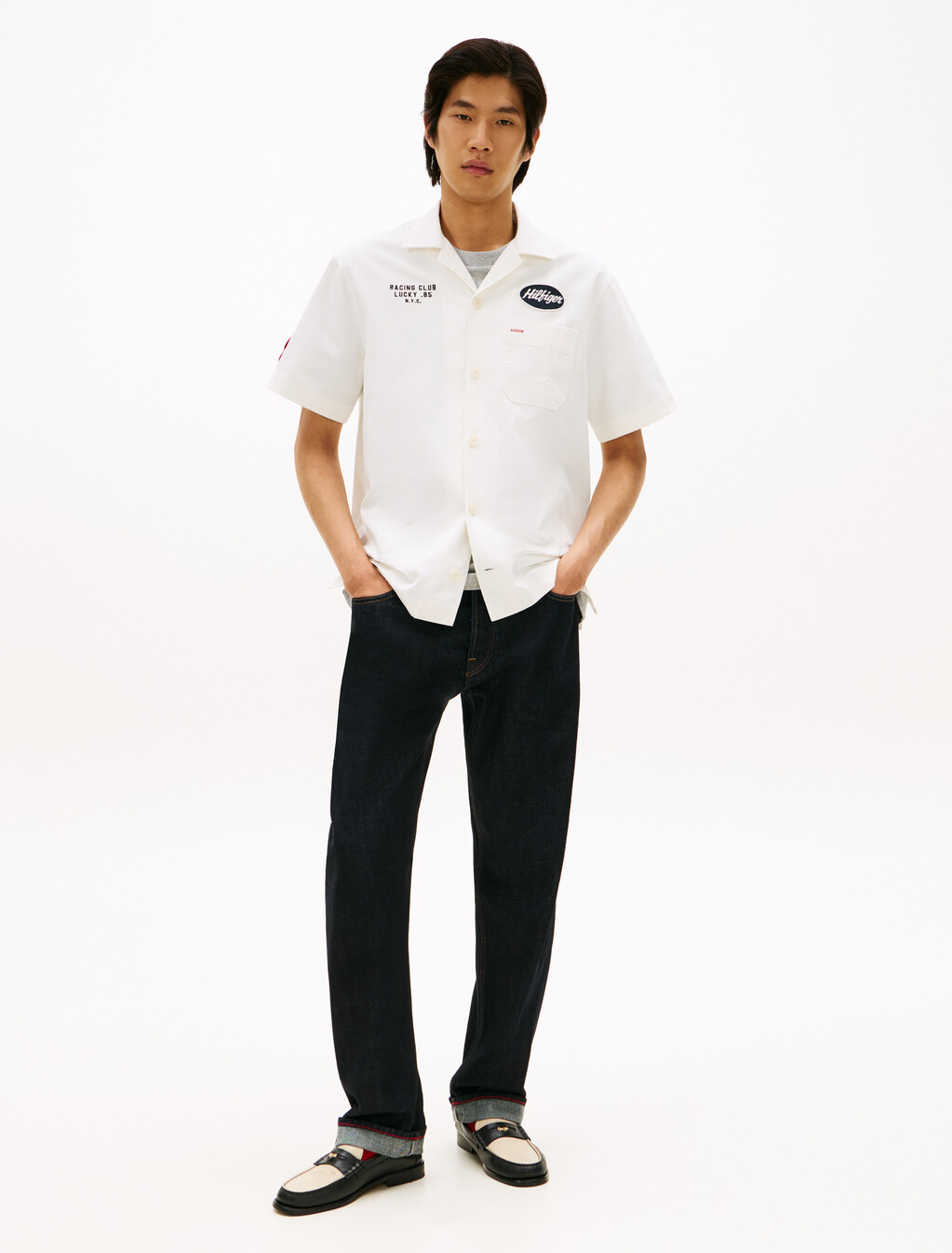 Herringbone Camp Collar Relaxed Shirt, Ecru, hi-res