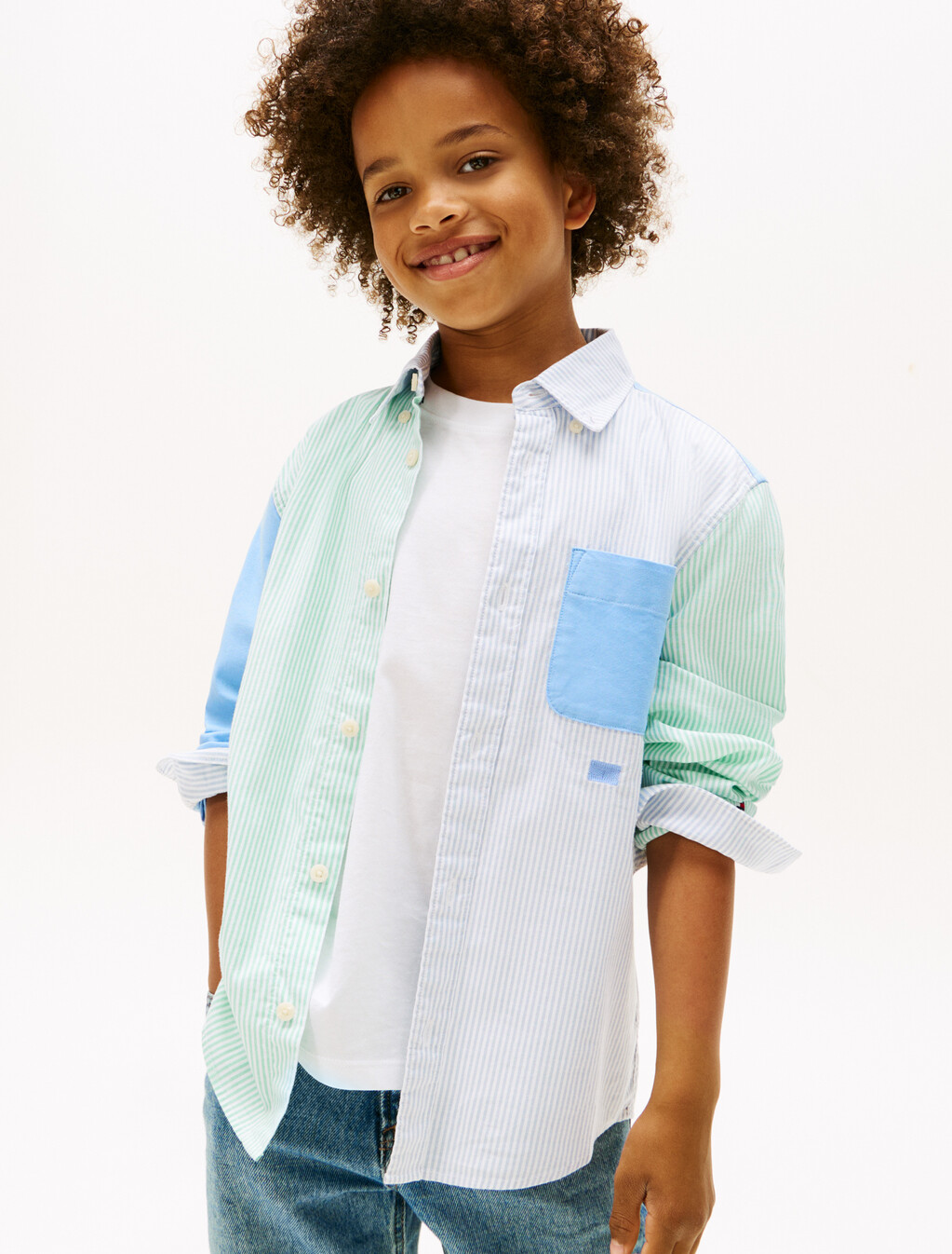 Boys Stripe Color Block Oxford Shirt, Cloudy Blue Colourblock, hi-res