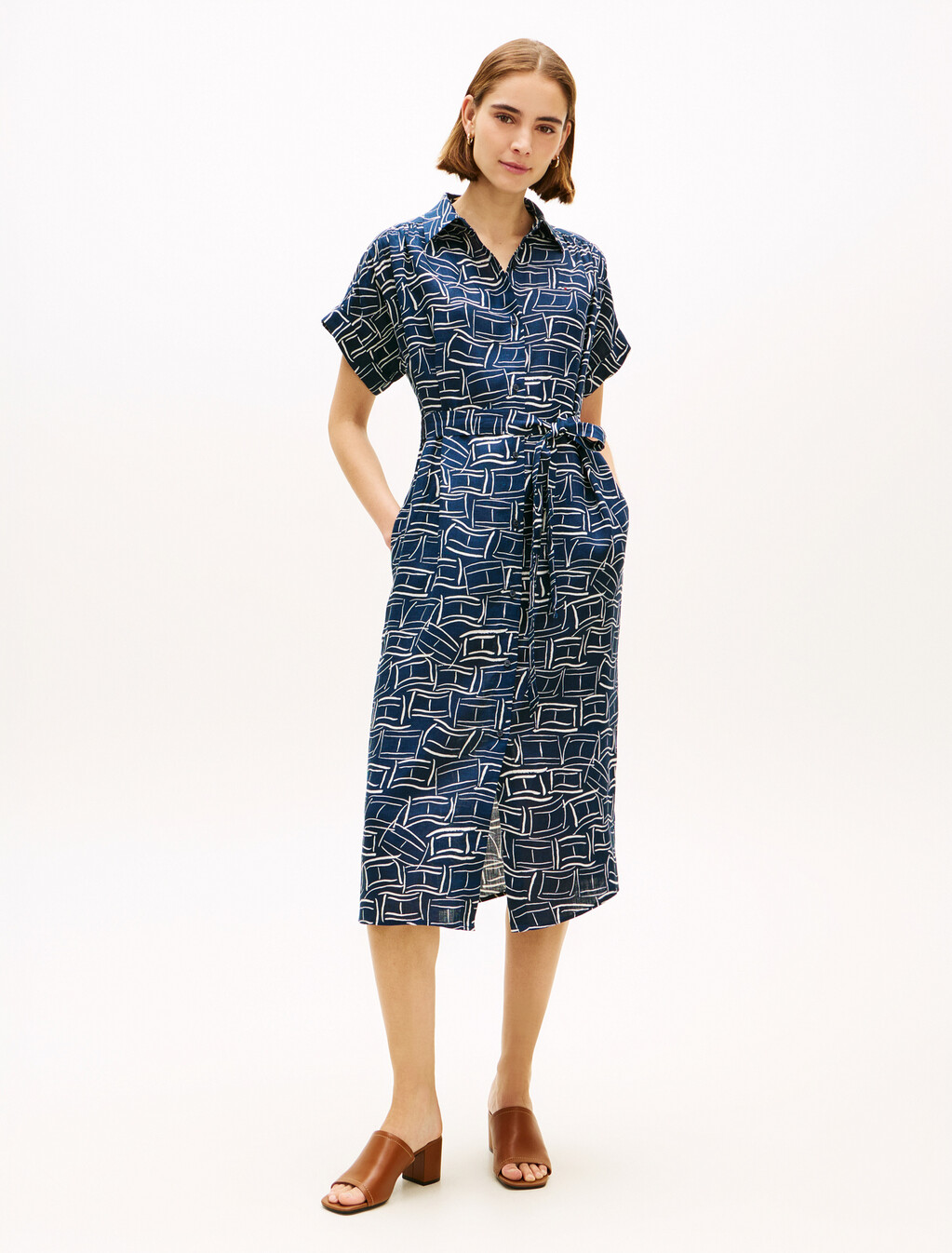 Linen Belted Short Sleeve Knee Length Shirt Dress, Flag Feathers Dark Night Navy, hi-res
