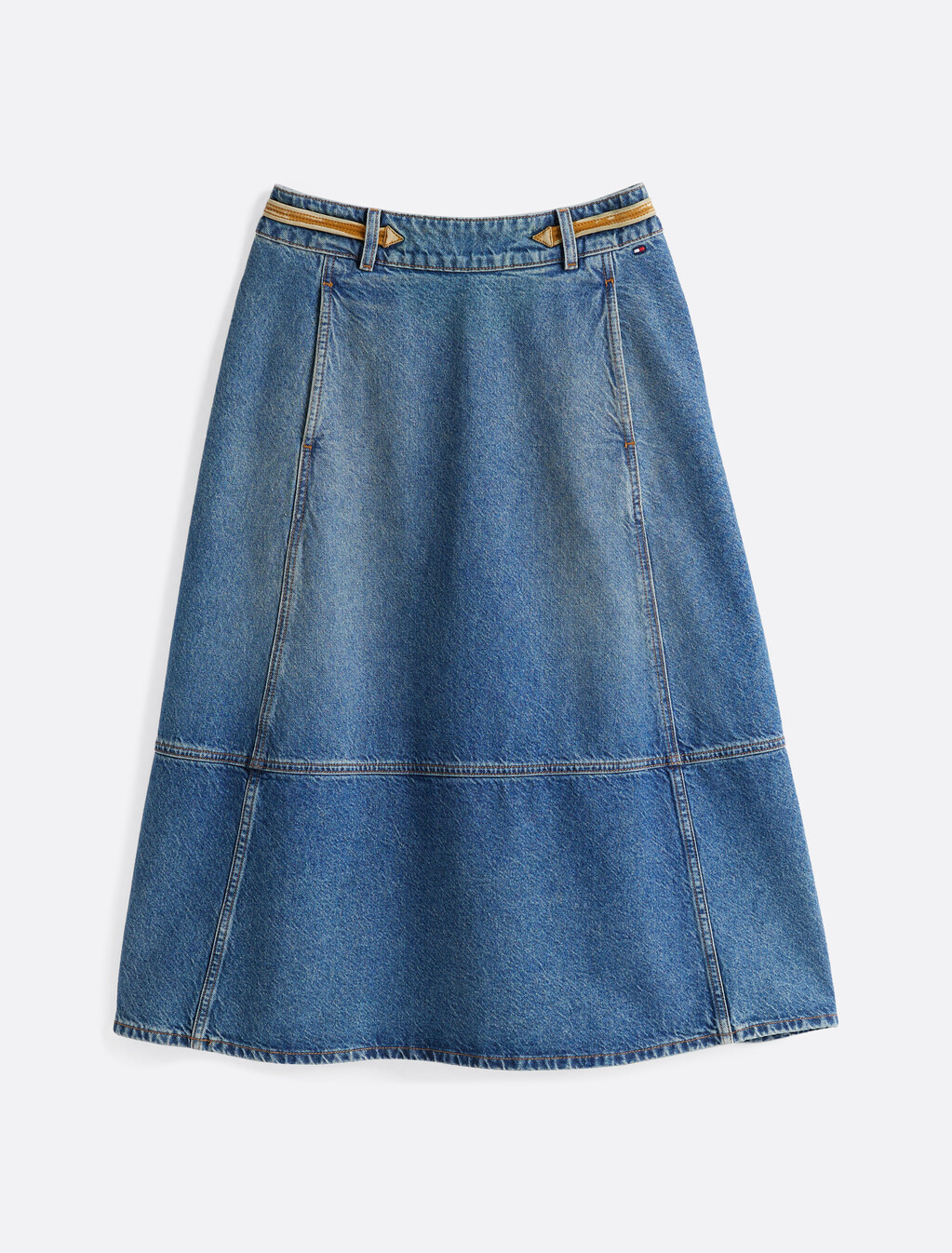 Leather Detail Denim A-Line Midi Skirt, Bo, hi-res