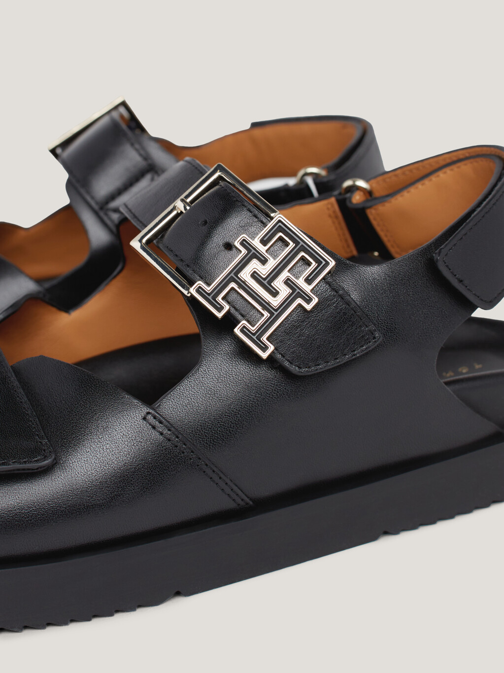 TH Monogram Hook And Loop Leather Sandals, Black, hi-res
