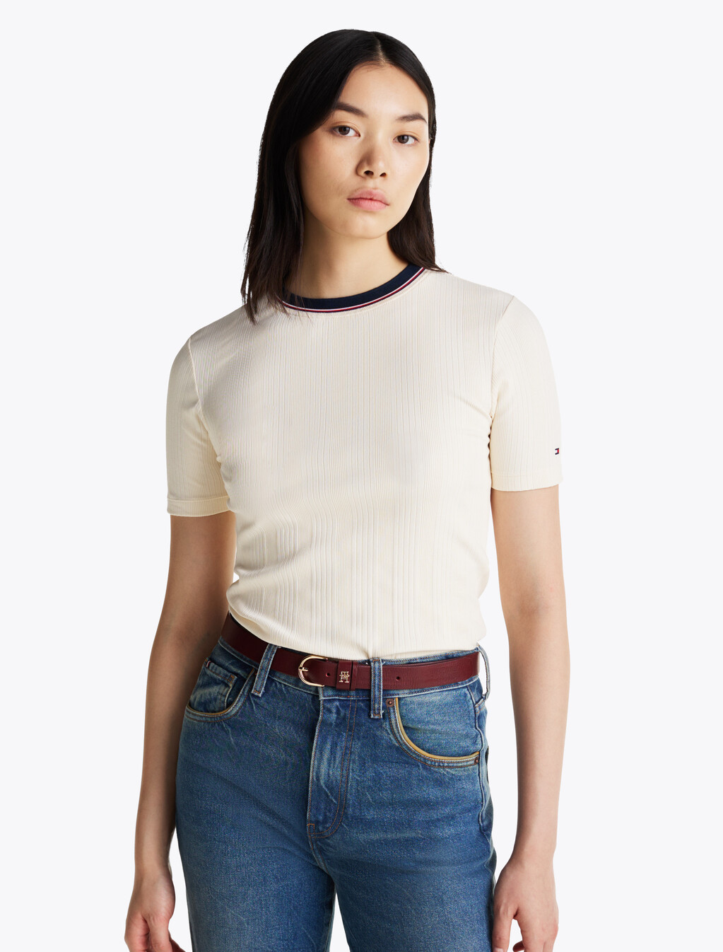 Rib-Knit Contrast Collar Slim T-Shirt, Calico, hi-res