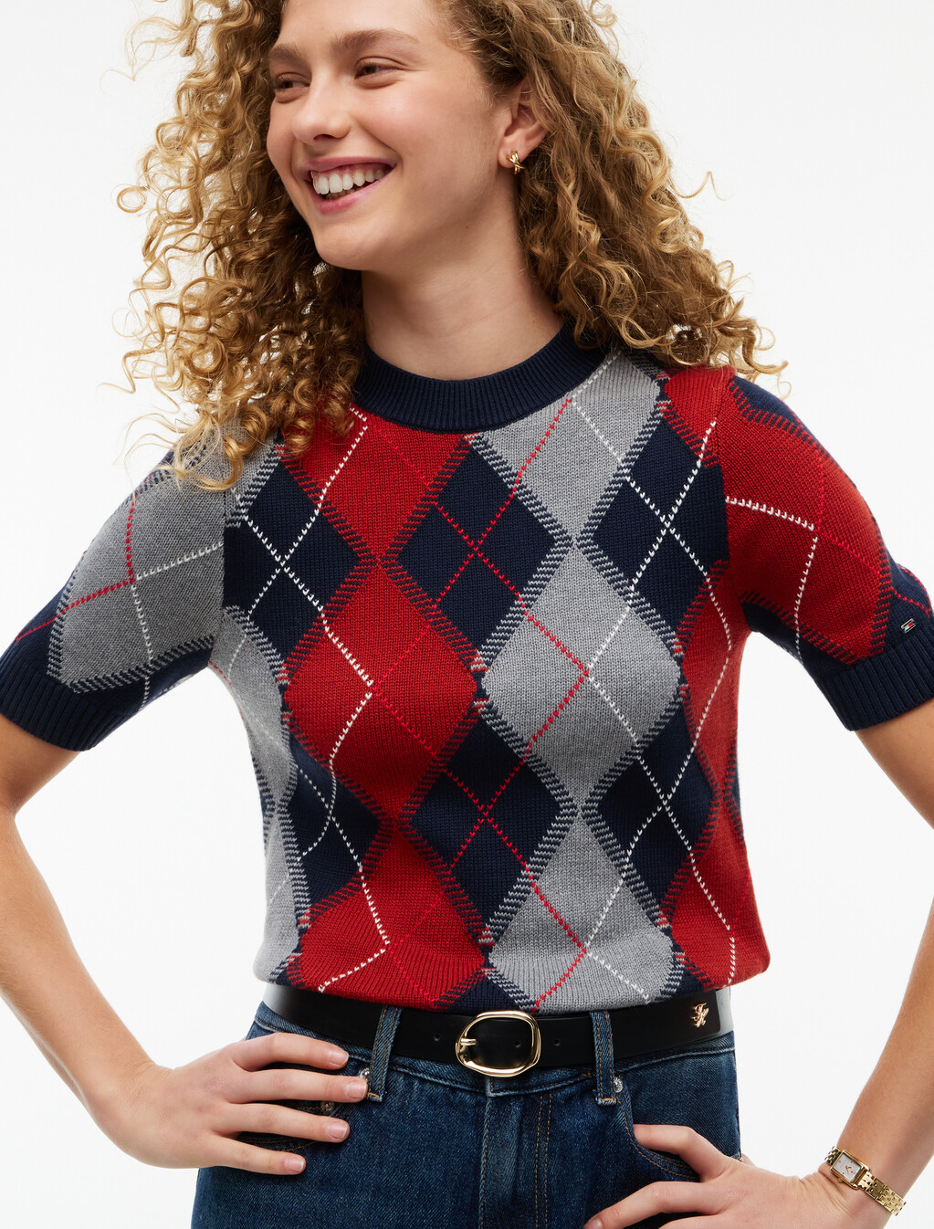 Argyle Short Sleeve Jumper, Dark Blue Argyle, hi-res