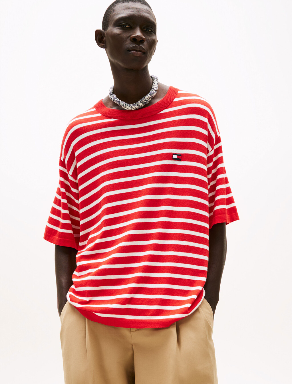 The Runway Collection Stripe T-Shirt With Cashmere, Fire Red / Ecru Stripe, hi-res