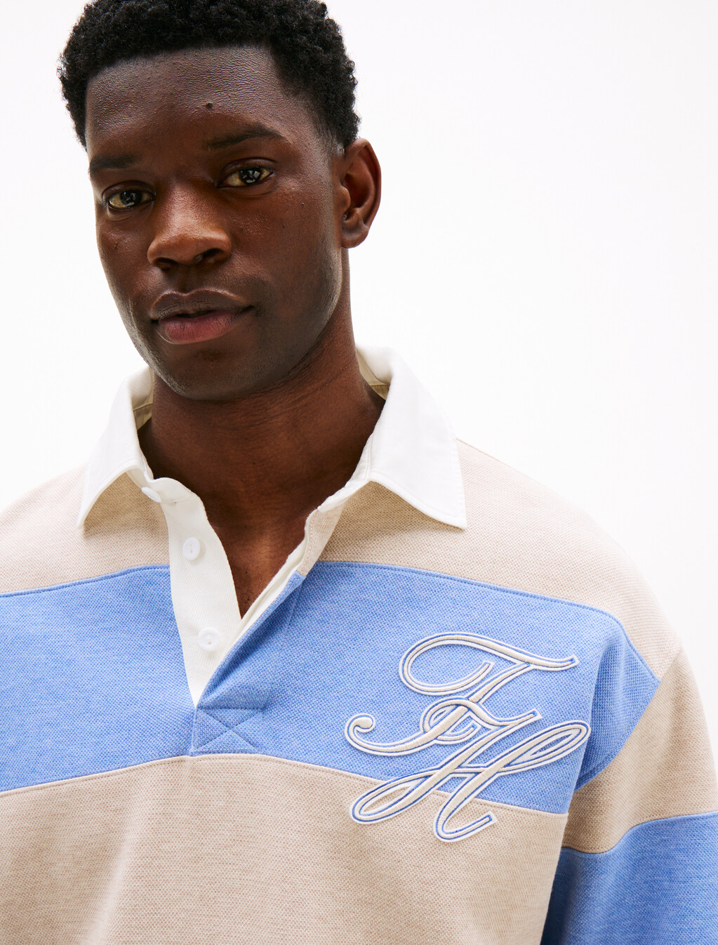 Interlock Stripe Rugby Shirt, Sandalwood Hthr/Cloudy Blue Hthr, hi-res