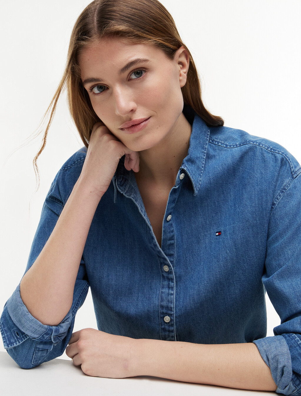 Boxy Fit Lightweight Denim Shirt, Mid Blue Wash, hi-res