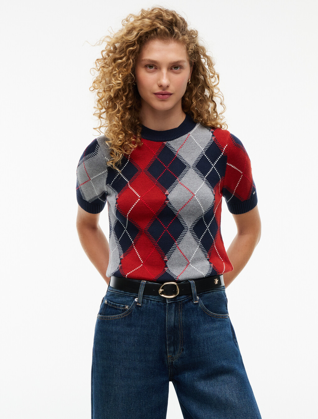 Argyle Short Sleeve Jumper, Dark Blue Argyle, hi-res