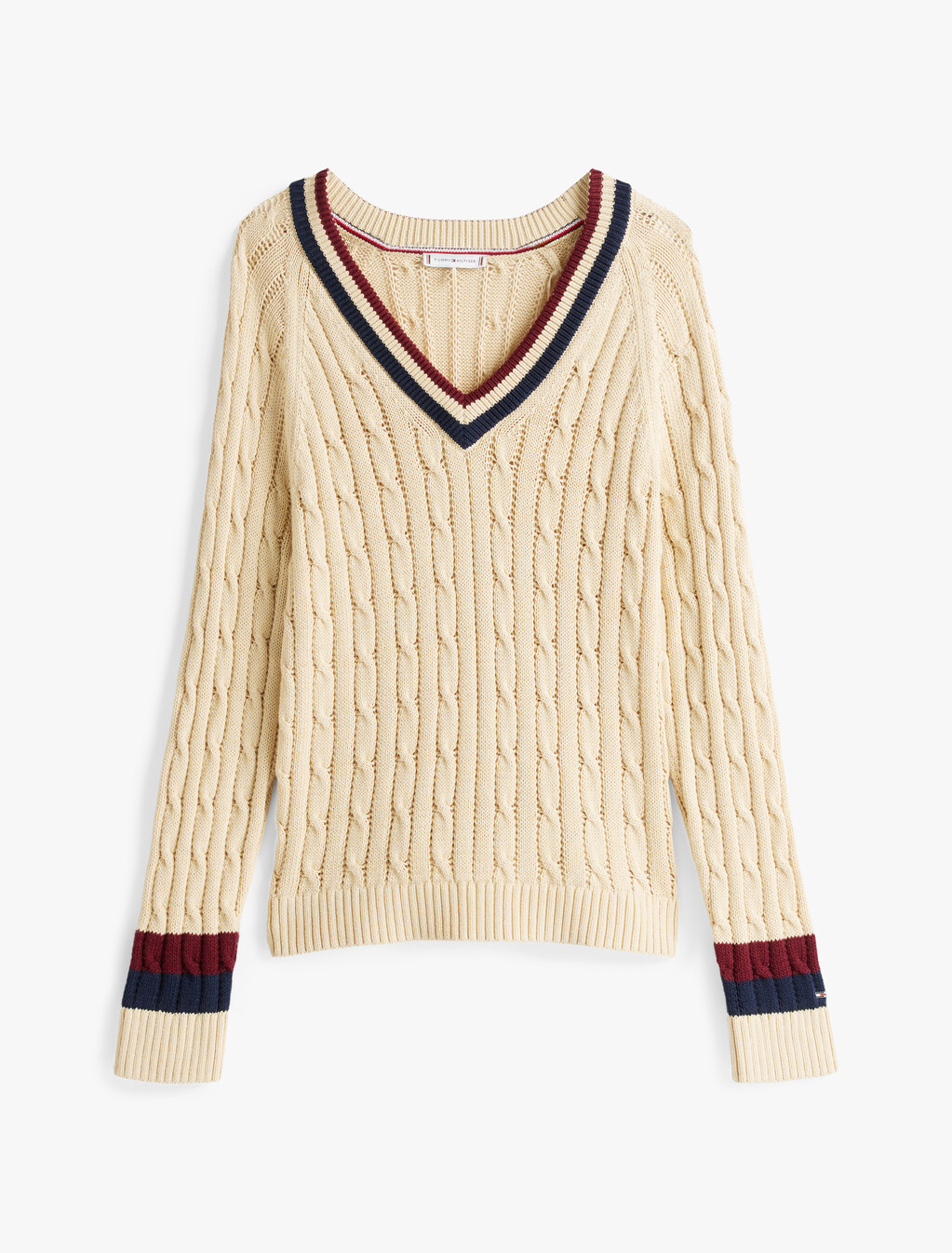 Varsity Cable Knit V Neck Sweater, Country Ivory, hi-res