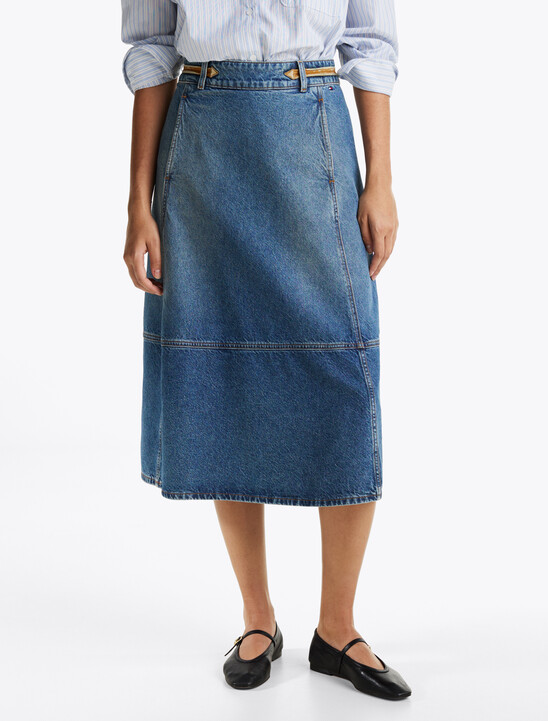 Leather Detail Denim A-Line Midi Skirt