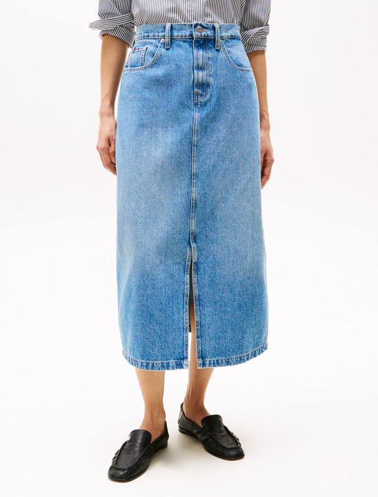 High Rise Denim Midi Skirt