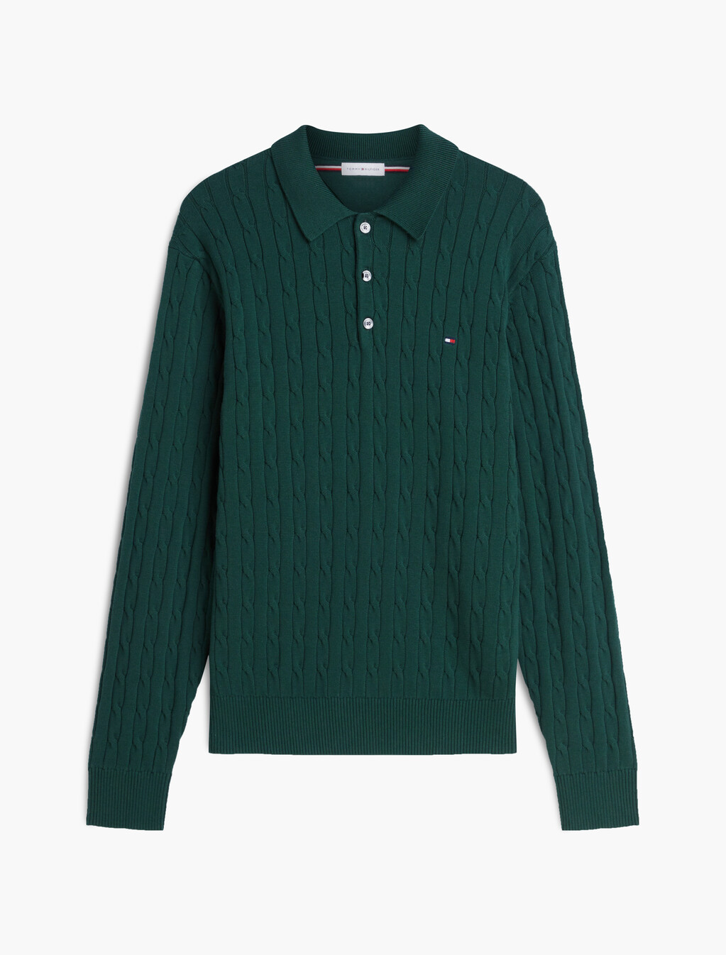 Cable Knit Polo Jumper, Ornamental Green, hi-res