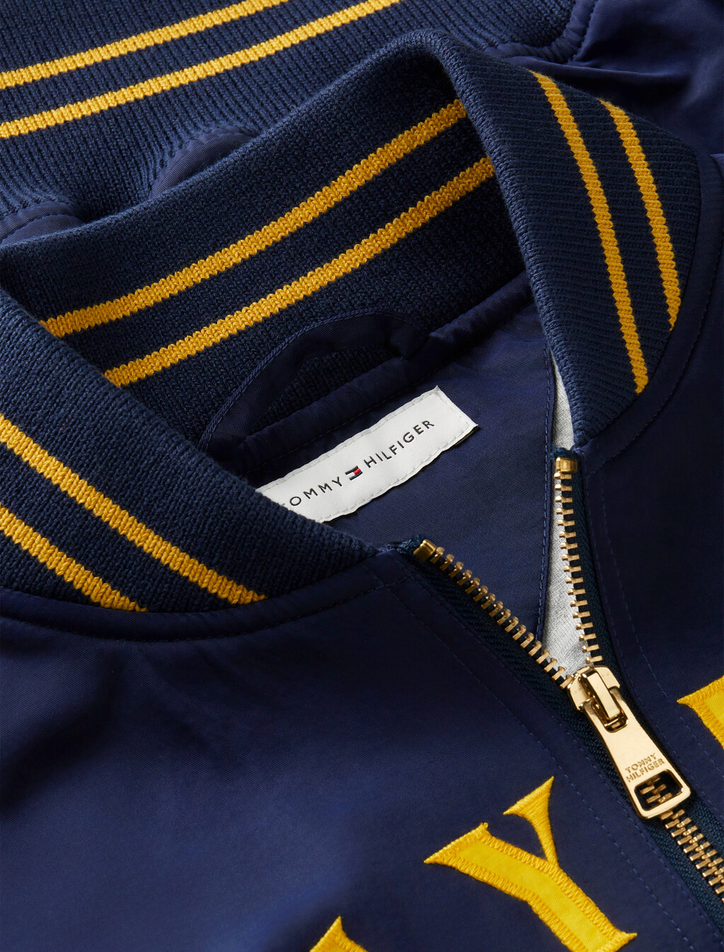 Arch Logo Satin Relaxed Varsity Jacket, Dark Blue, hi-res