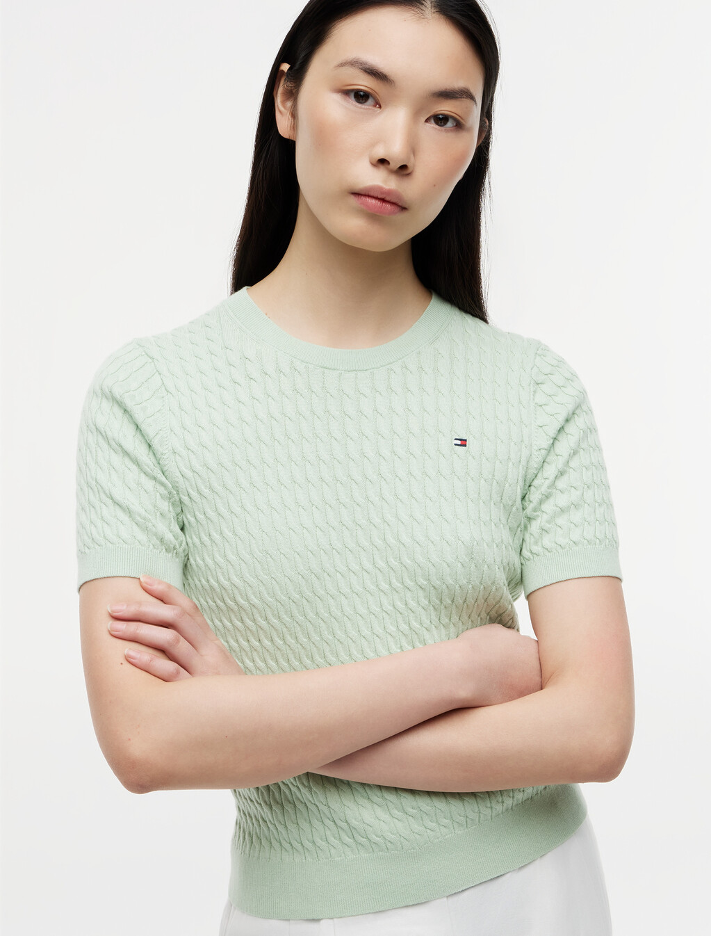 Fine Gauge Cable Knit Short Sleeve Jumper, Gentle Jade, hi-res