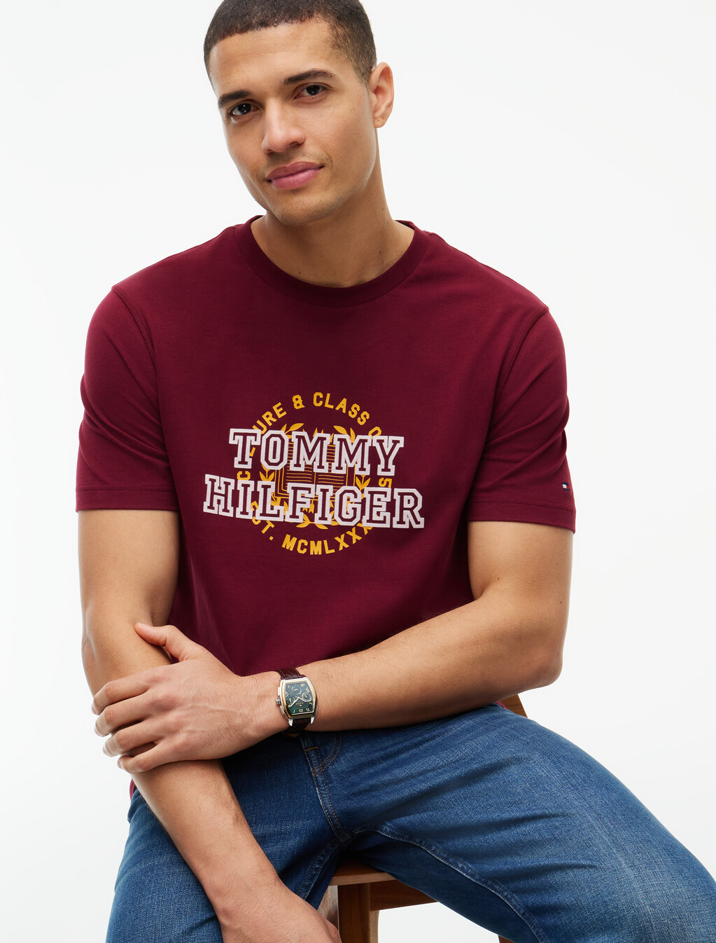 Varsity Logo Peached Jersey T-Shirt, Burgundy, hi-res