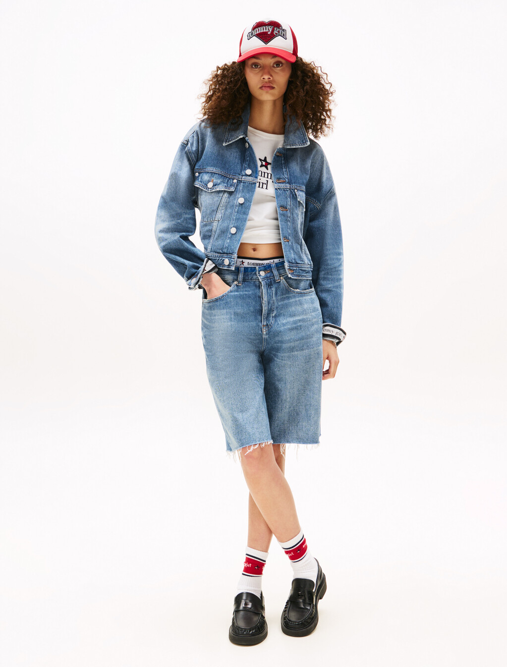 Tommy Girl Back Logo Cropped Oversized Denim Jacket, Indigo Wash, hi-res