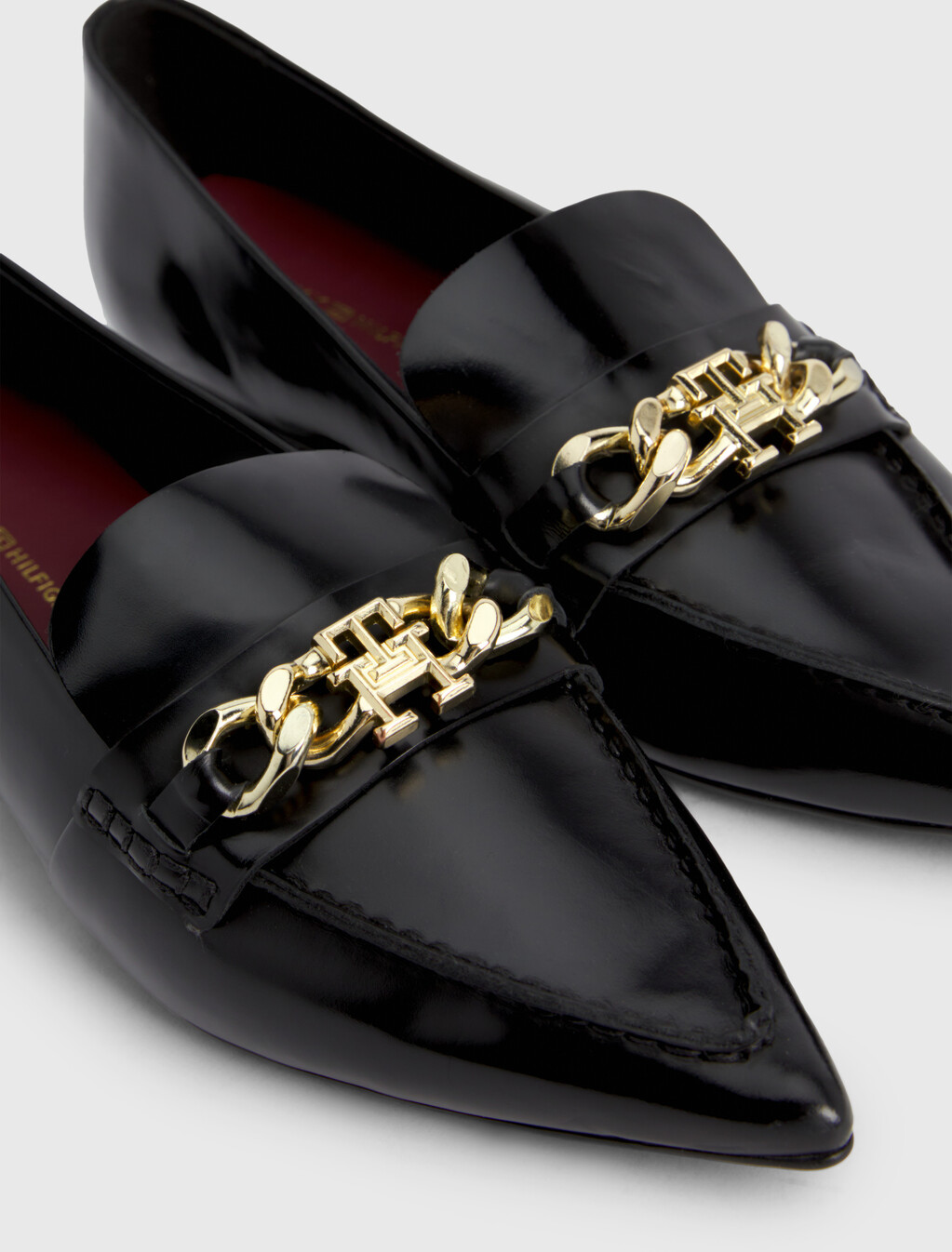 Leather Pointed Toe Chain Ballerinas, Black, hi-res
