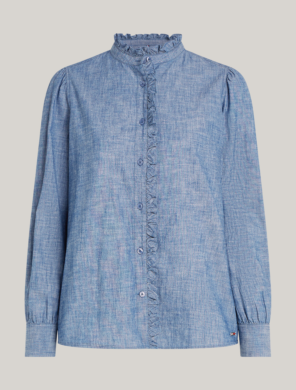 Ruffle Relaxed Chambray Shirt, Mid Blue Chambray, hi-res