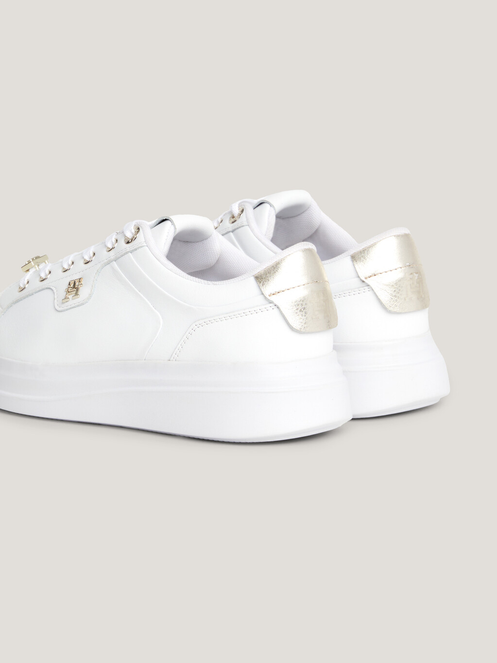 Leather TH Monogram Court Trainers, White/Gold, hi-res