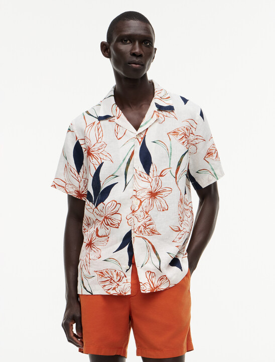 Regular Tropical Print Linen Short Sleeve Shirt