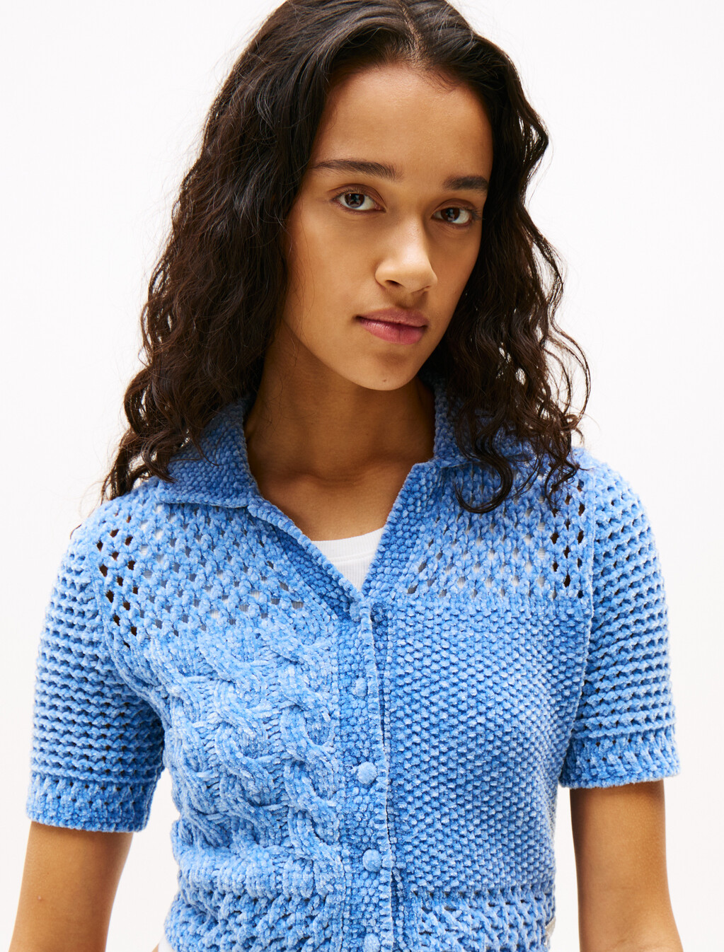 Perforated Camp Collar Cardigan, Colorado Blue, hi-res