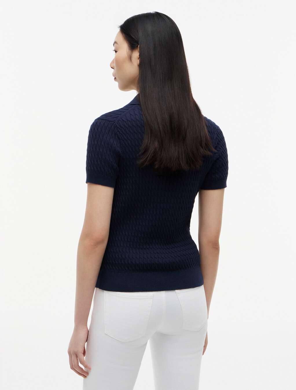 Fine Gauge Cable Knit Polo  Short Sleeve Jumper, Dark Night Navy, hi-res