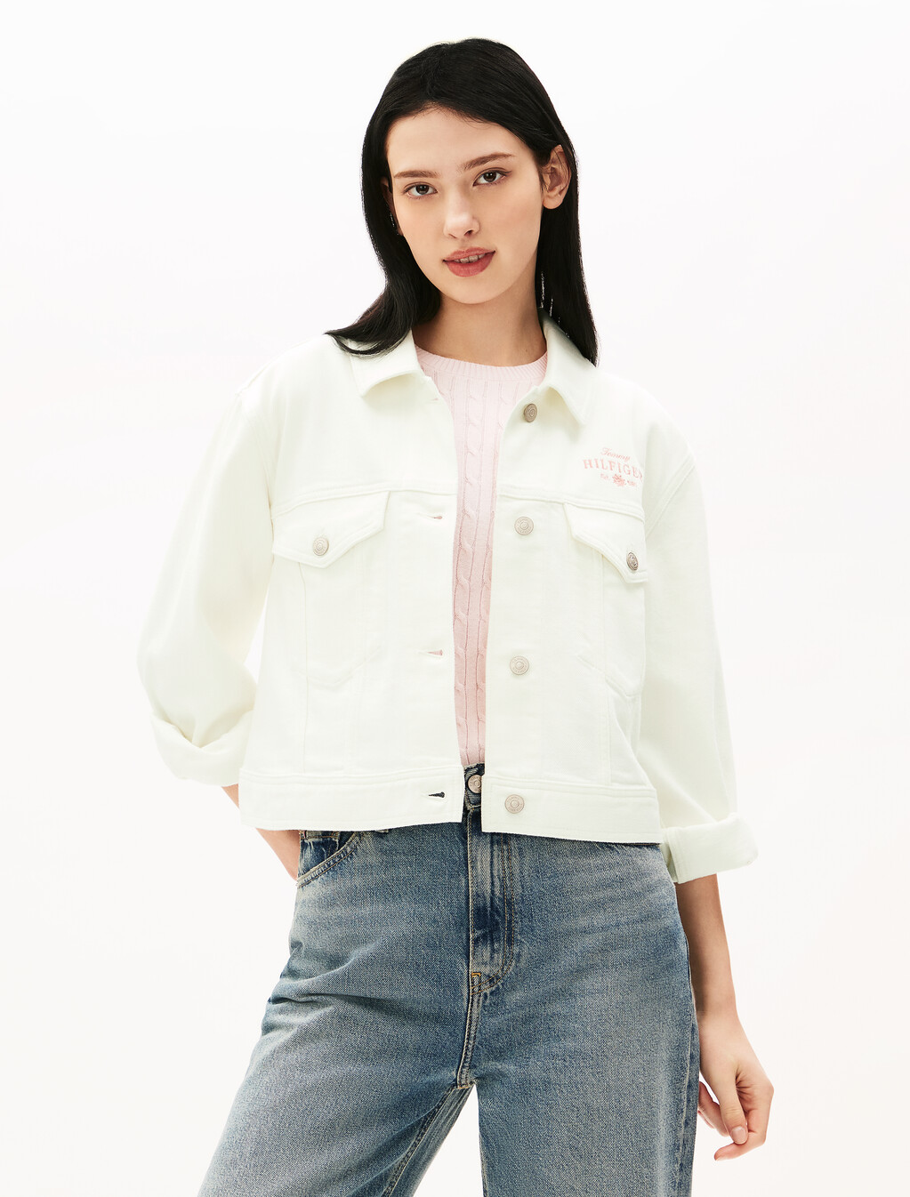 Embroidered Cropped Denim Jacket, Ecru, hi-res