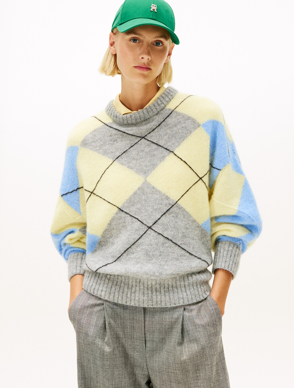Argyle Oversized Alpaca Blend Jumper, Light Grey Htr/Yellow/Blue Argyle, hi-res