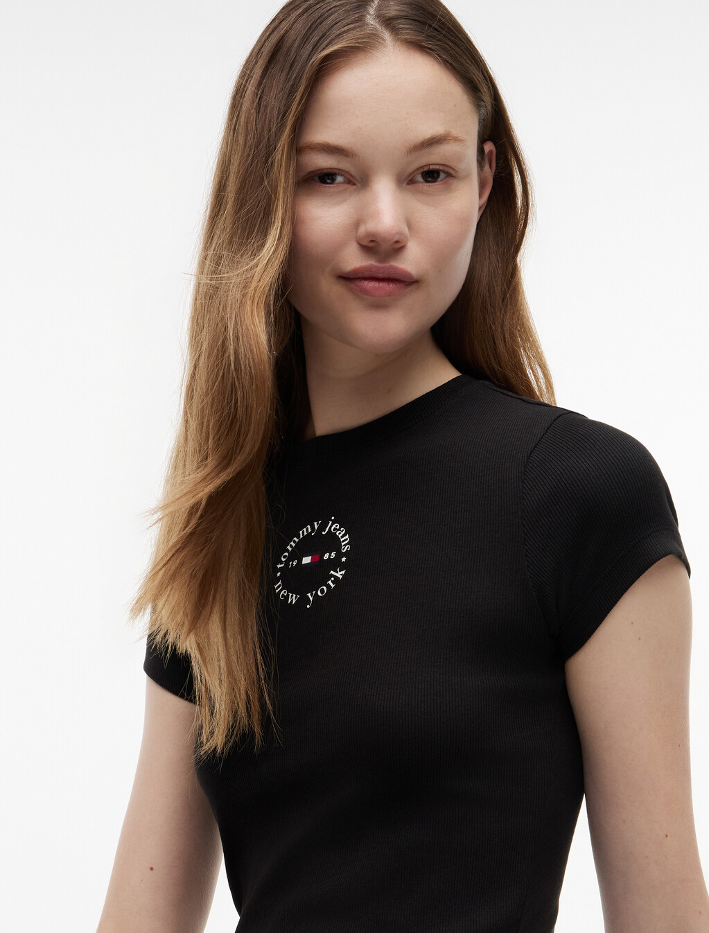 Essential Logo Slim Rib Knit T-Shirt, Black, hi-res
