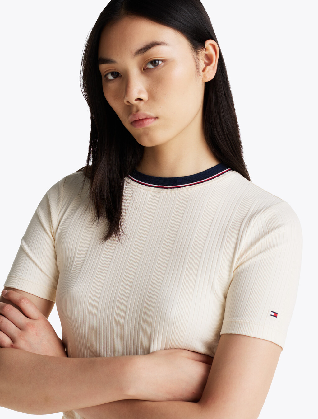 Rib-Knit Contrast Collar Slim T-Shirt, Calico, hi-res