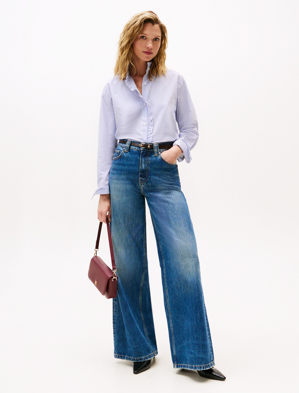 Ruffle Collar Poplin Relaxed Fit Shirt, Hugh Stp/ Blue, hi-res