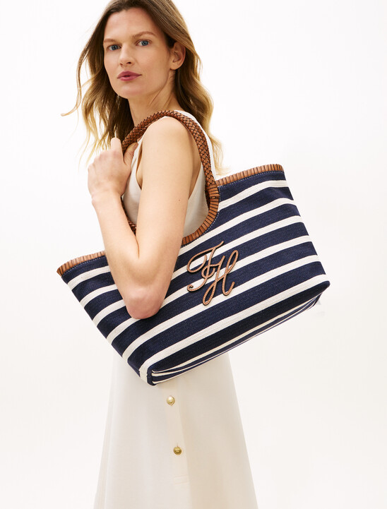 Stripe Textured Logo Tote Bag