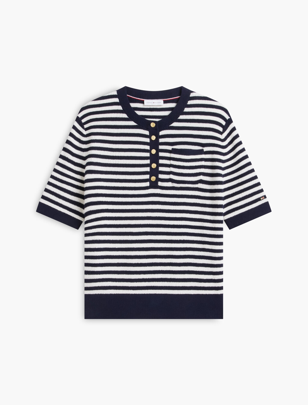 Gold-Tone Button Henley Short Sleeve Jumper, Ivory Petal/Dark N Navy Stp, hi-res