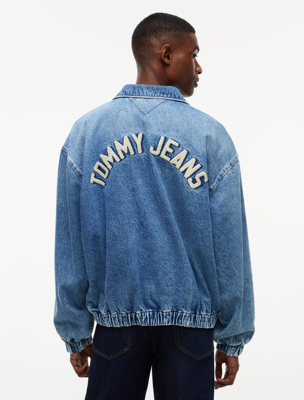 Faded Denim Relaxed Harrington Jacket, Denim Medium, hi-res