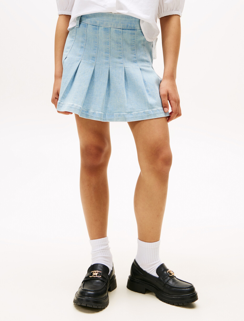 Denim Pleated Skirt, Drapeylight, hi-res