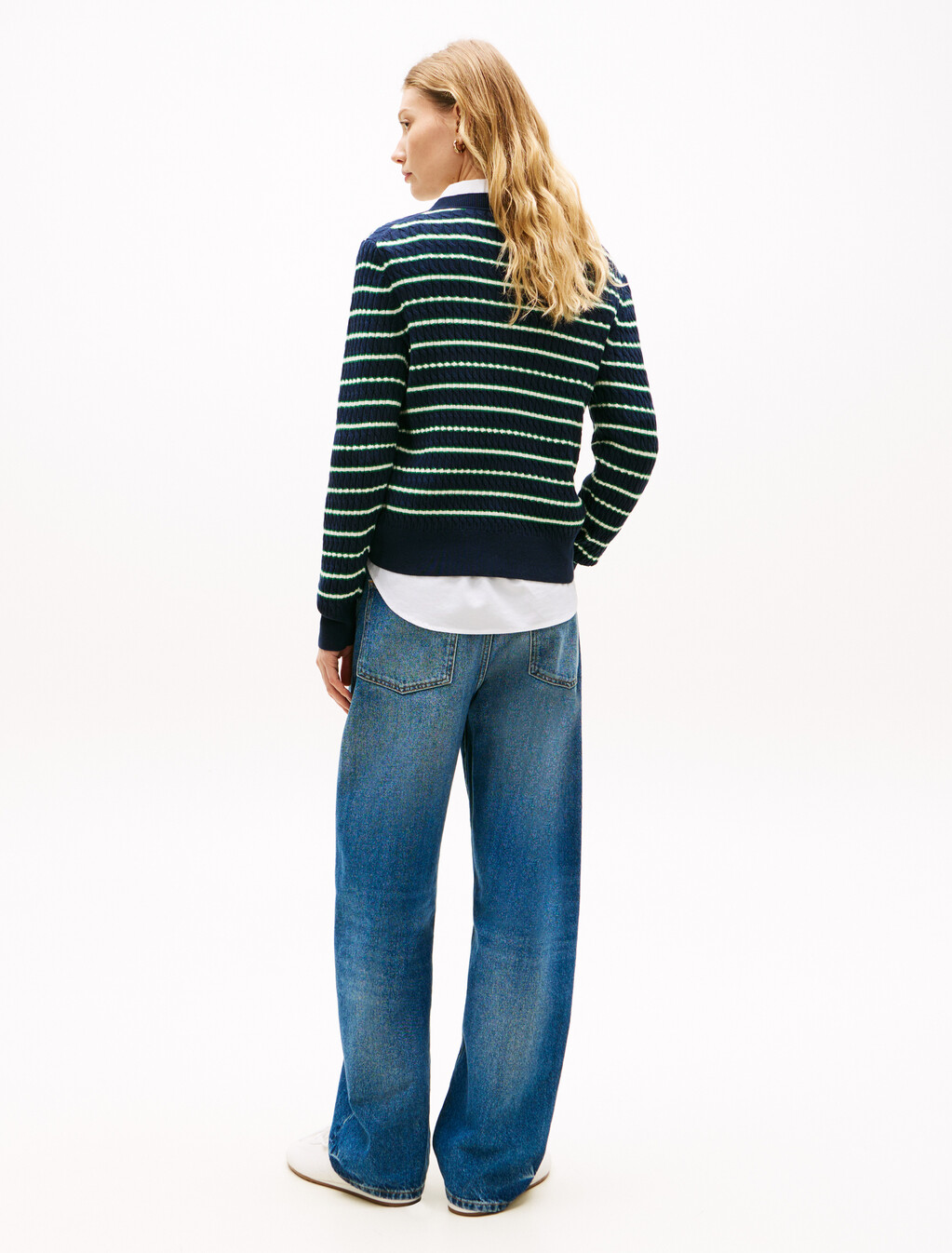 Fine Cable Knit Crew Neck Cardigan, Navy/Nouv Green/Calico Multi Stp, hi-res