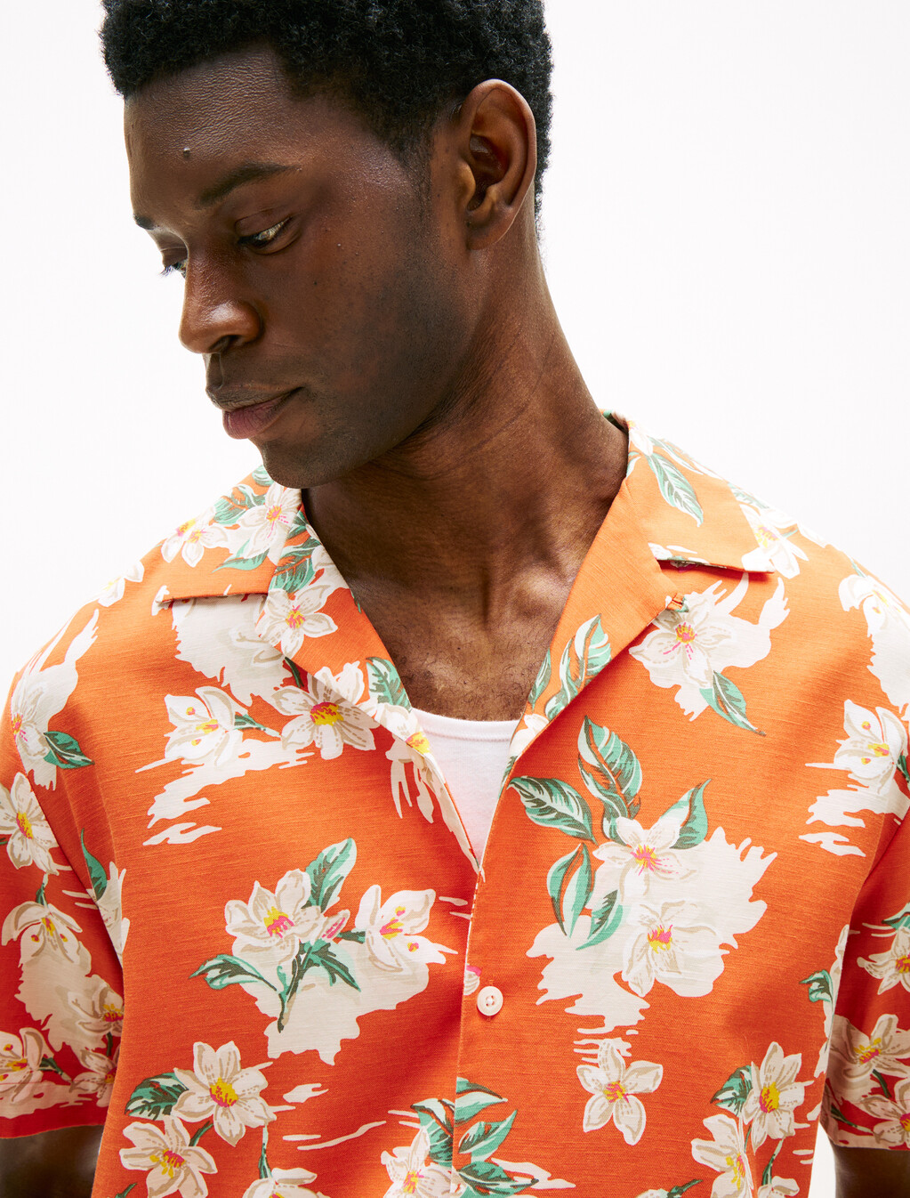 Lightweight Floral Print Viscose Shirt, Brilliant Orange / Allover, hi-res