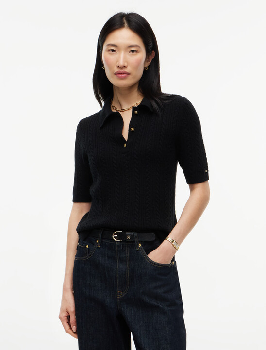 Cable Knit Gold-Tone Button Polo Jumper