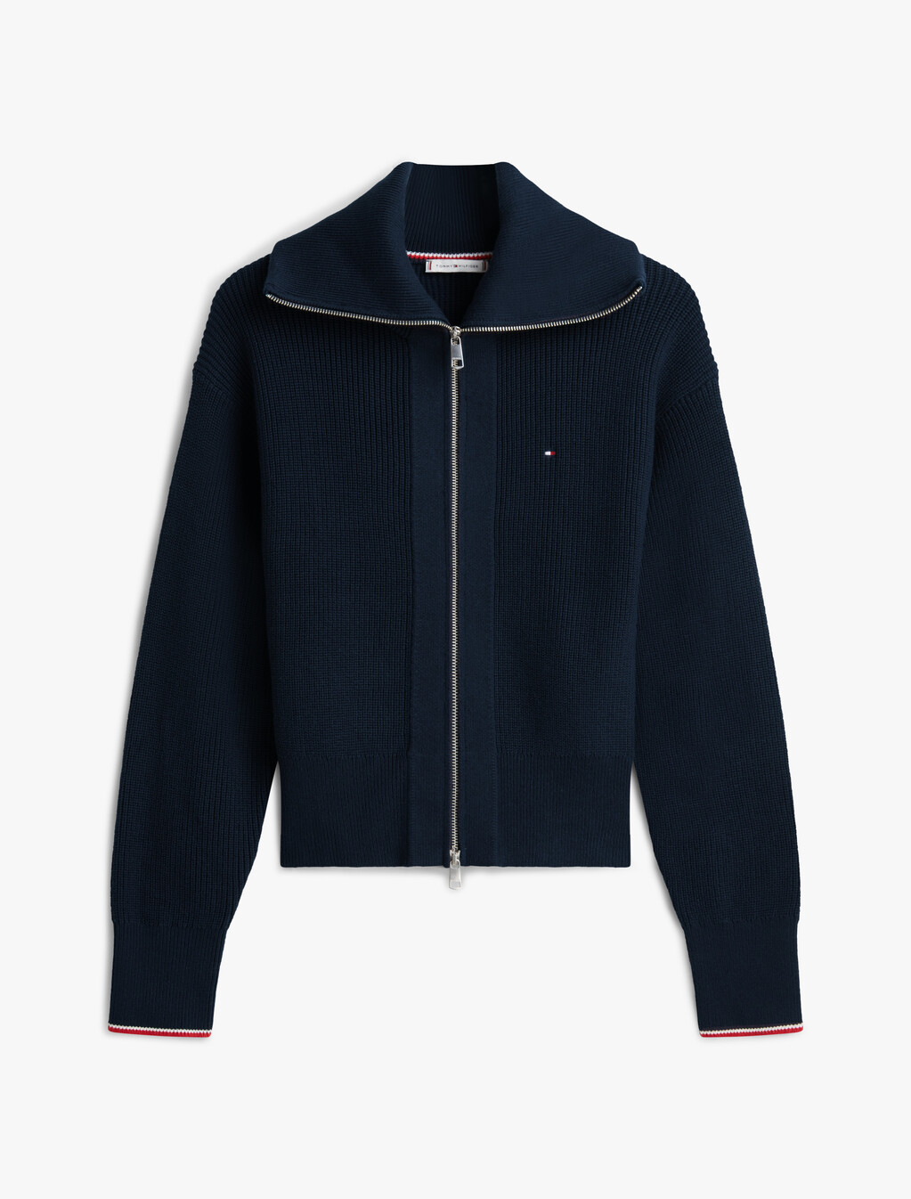 Double Zip Flap Collar Knit Cardigan, Dark Night Navy, hi-res