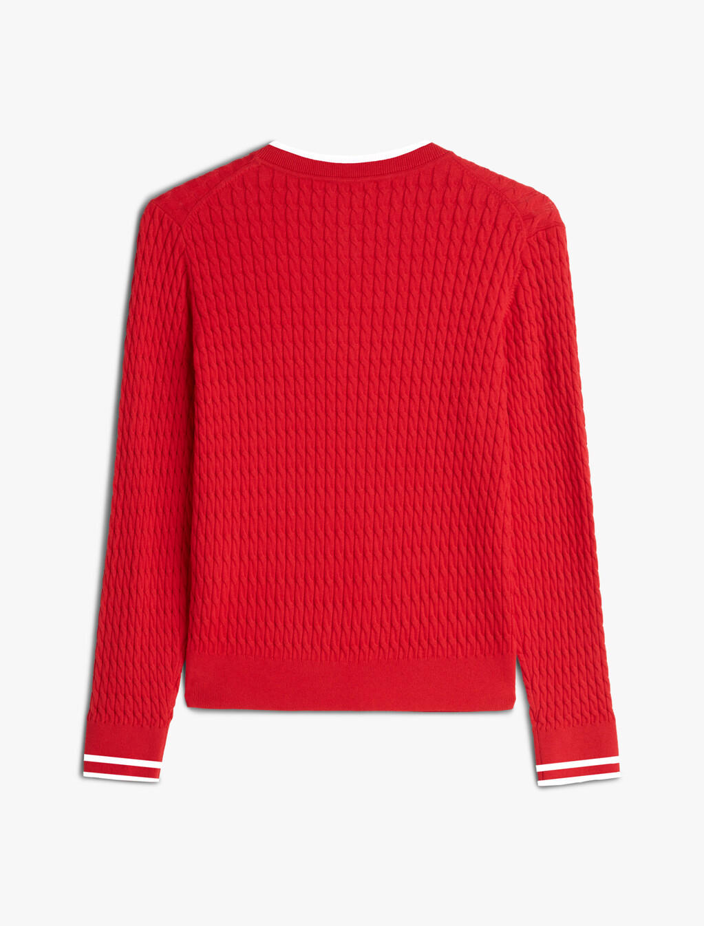Cable Knit Crew Neck Cardigan, Primary Red, hi-res