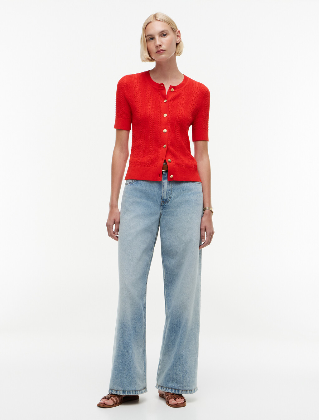 Pointelle Gold-Tone Button Short Sleeve Cardigan, Fire Red, hi-res